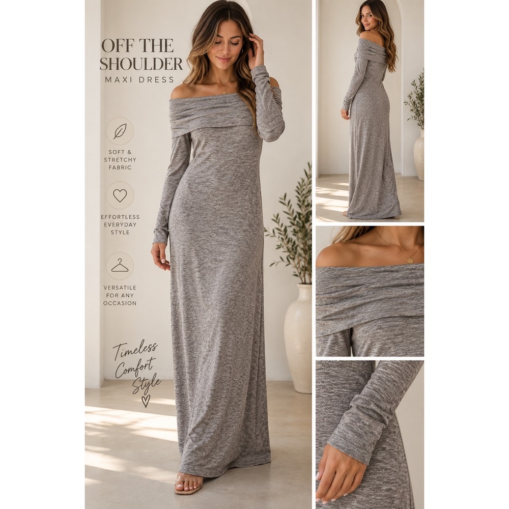 Mustard Seed Womens Heather Tan Off Shoulder Maxi Dress Long Sleeve Size L